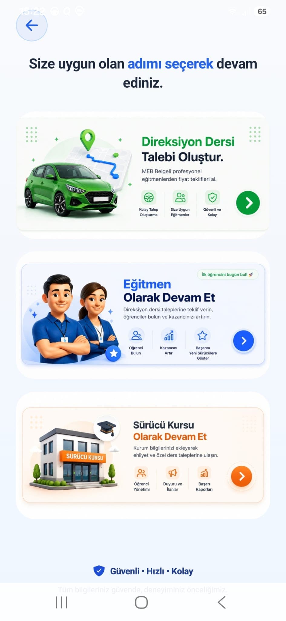 Bi Direksiyon Hocası uygulaması - rol seçim ekranı
