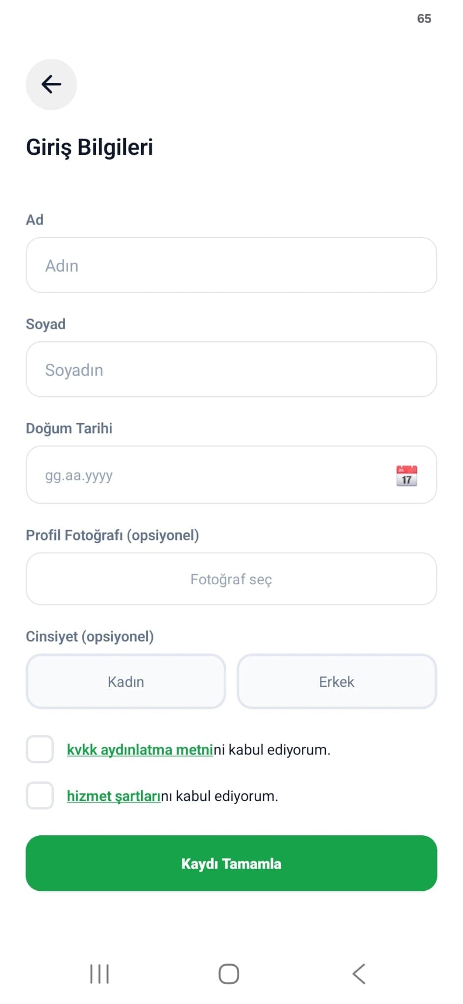 Bi Direksiyon Hocası uygulaması - kayıt ekranı